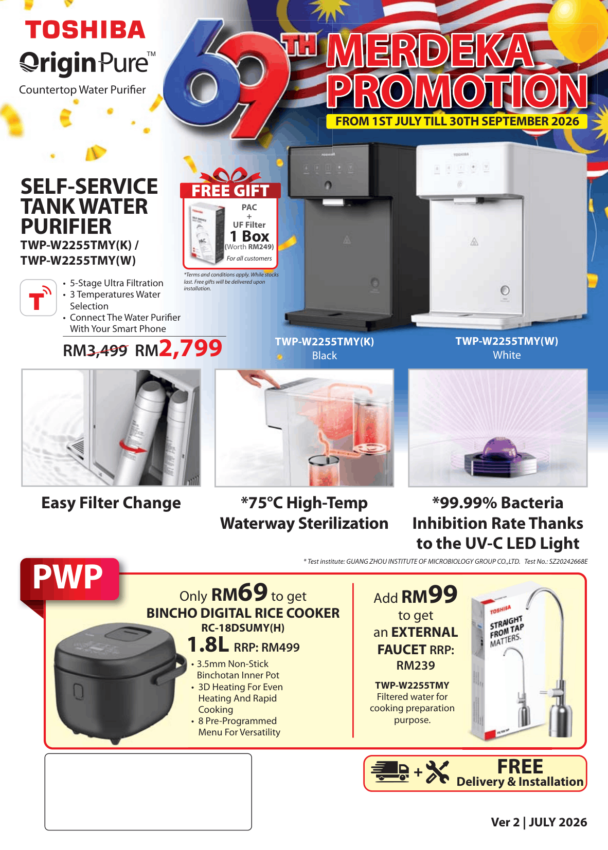 Toshiba 69th Merdeka Promotion — TWP-W2255TMY 5L OriginPure tank water purifier at RM2,799 (was RM3,499) with a free PAC + UF filter gift, valid 1 July to 30 September 2026